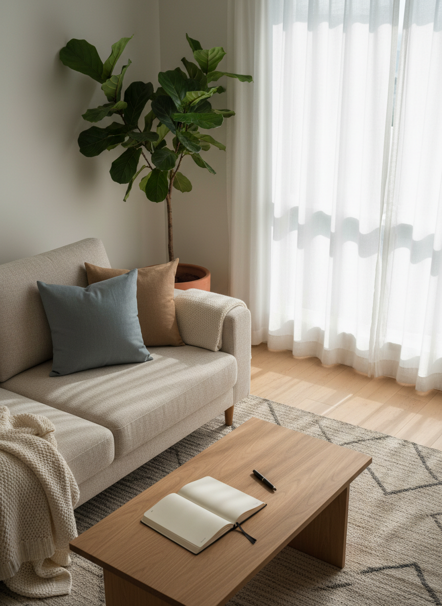 A cozy living room corner designed for quiet reflection, featuring a low, light-beige sofa with soft, textured cushions in dusty blue and warm taupe. On a simple oak coffee table lies an open blank notebook with a fine-point pen beside it, suggesting space for thoughts and feelings. A tall, leafy indoor plant fills one side of the frame, while sheer white curtains let in diffused afternoon light. The scene is captured in photographic realism from a slightly elevated angle, with balanced composition and gentle shadows that create an atmosphere of emotional safety, calm, and non-clinical comfort.